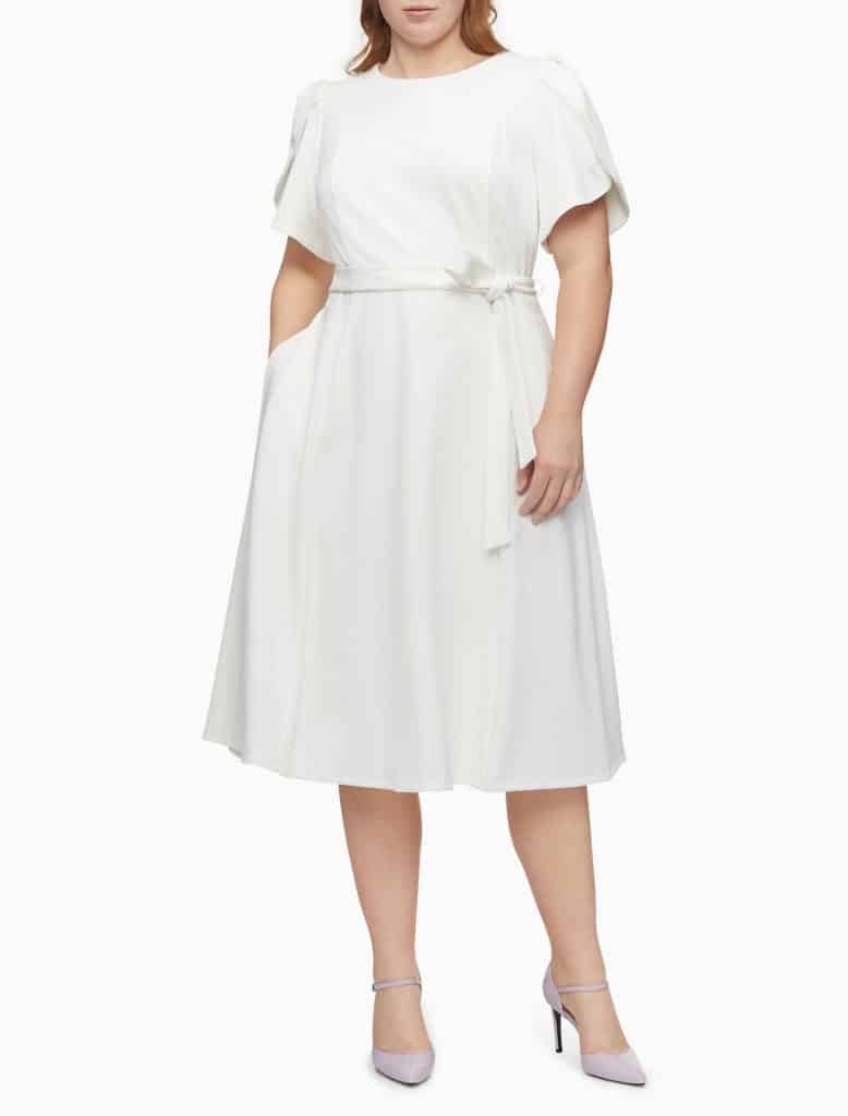 Calvin Klein Plus Size Tulip Sleeve Belted Fit + Flare Dress